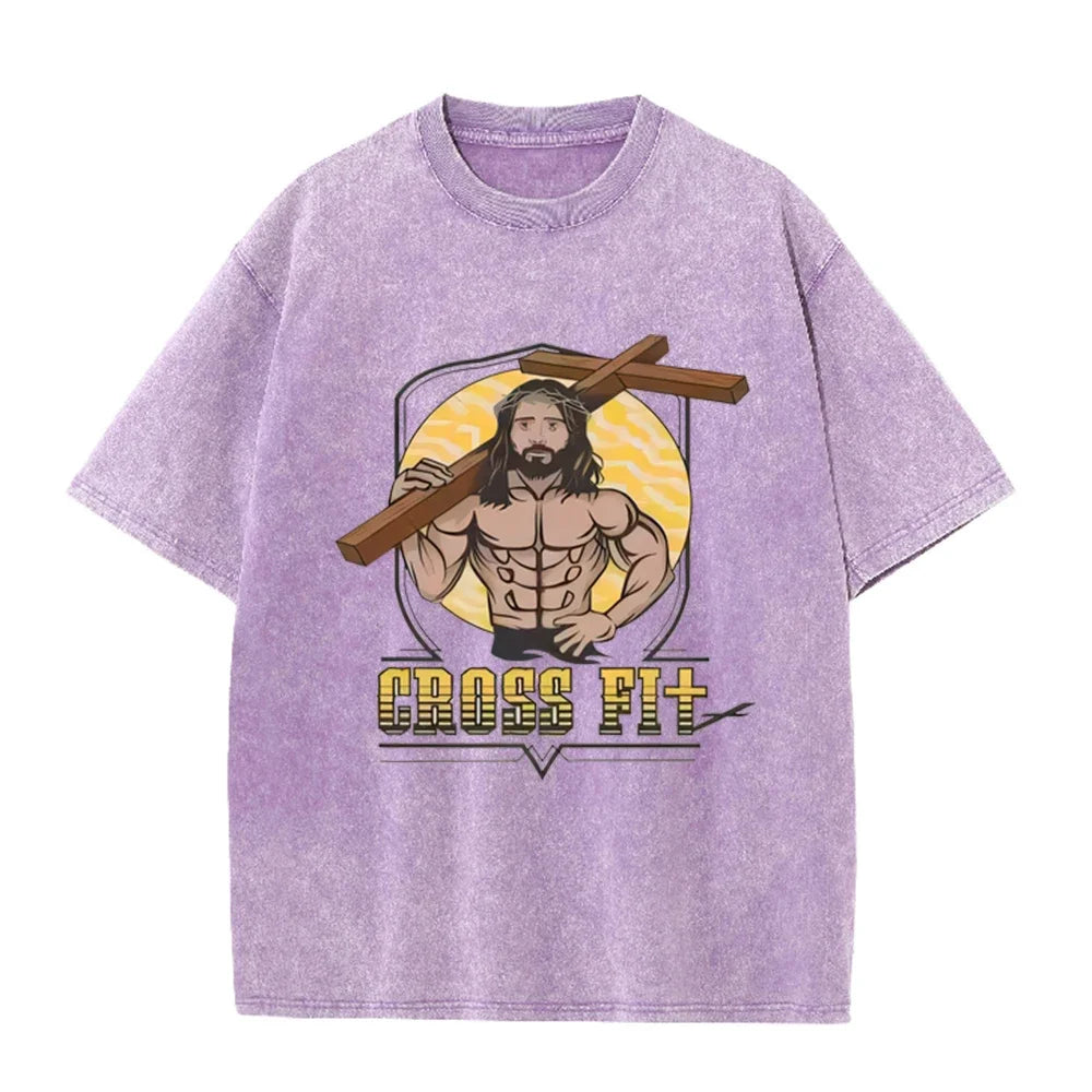 Oversized Washed Cotton Graphic T-Shirt with Short Sleeves