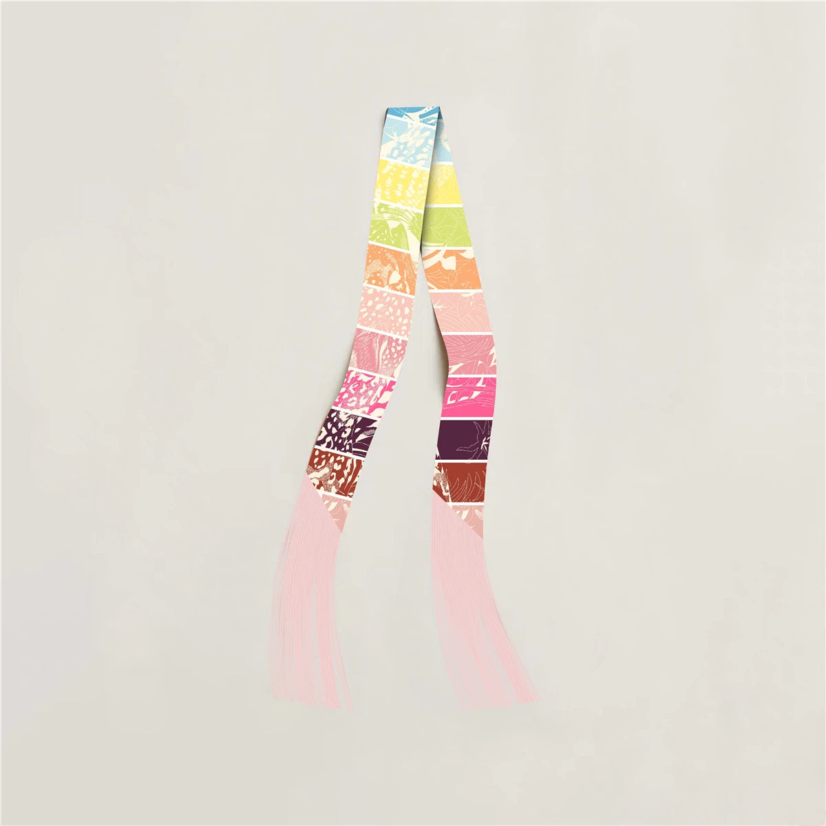 Printed Narrow Ribbon Scarf with Decorative Fringed Ends