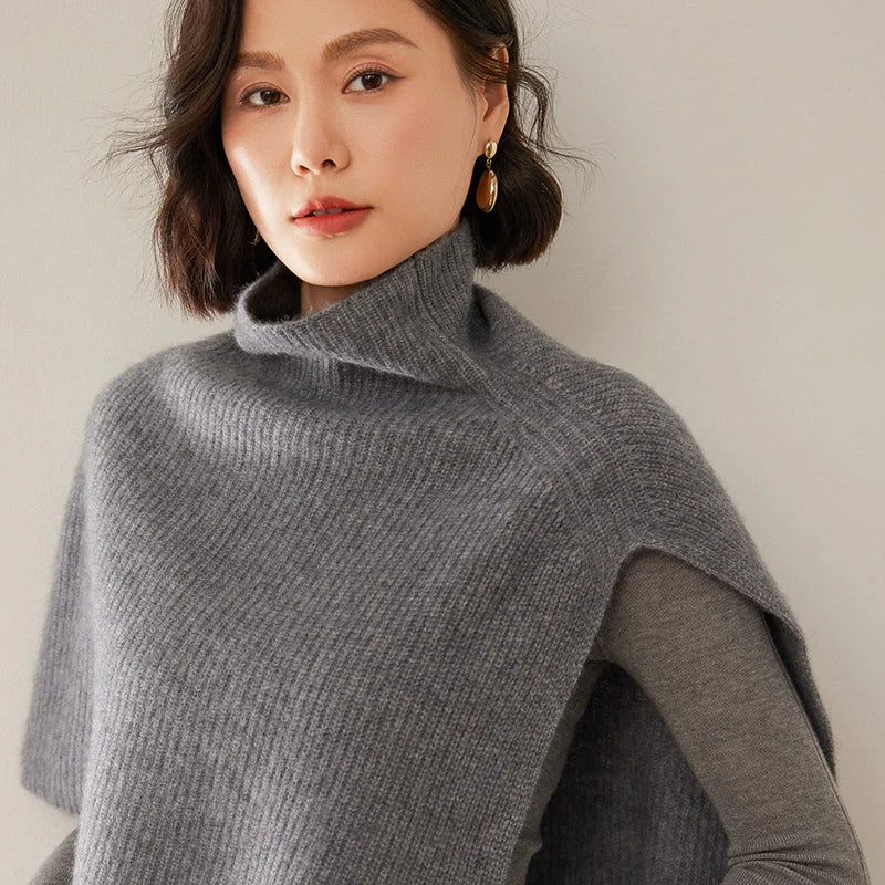 Short Turtleneck Ribbed Poncho for Layering over Outfits