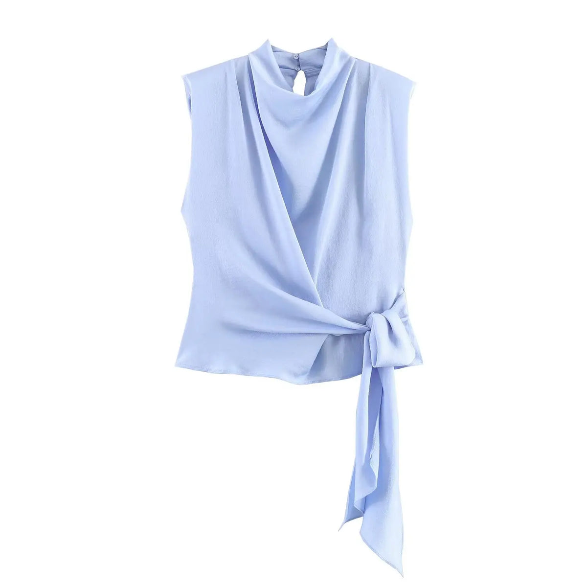 Women's Sleeveless Blouse with a Draped Neckline and Long Ribbon Ties