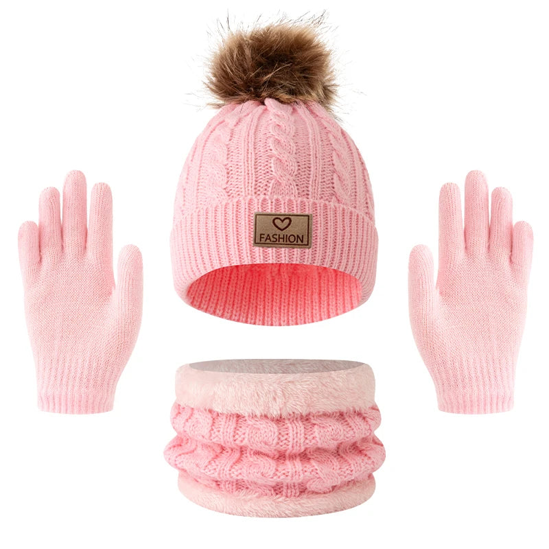 Children's Knitted Hat Neck Warmer and Gloves Set for Winter Wear