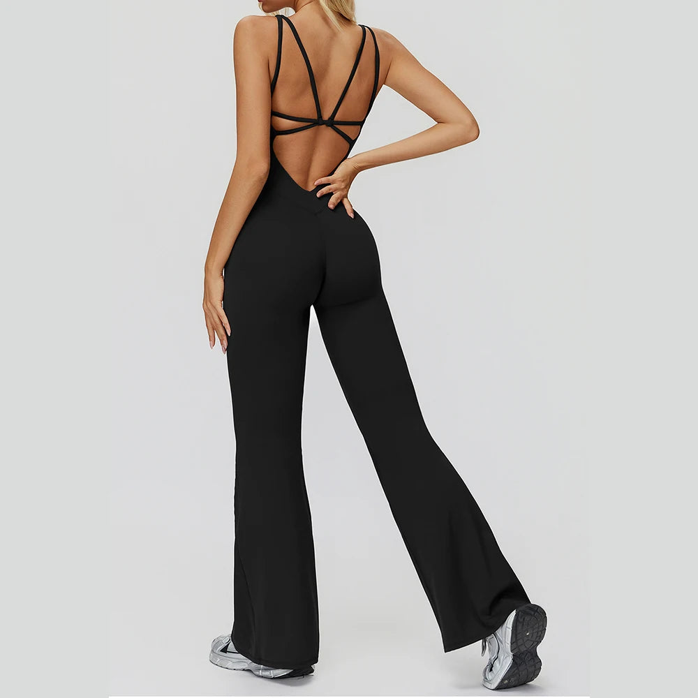Women's Cross Back Polyester Blend Flared Workout Jumpsuit with Multiple Straps