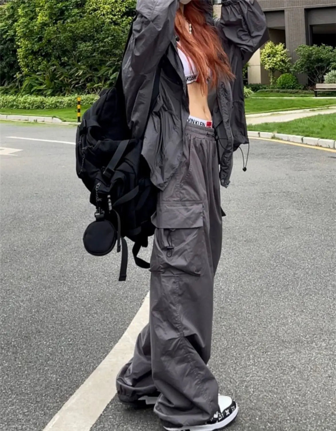 Women's Parachute Cargo Pants with Drawstring Waist and Side Pockets