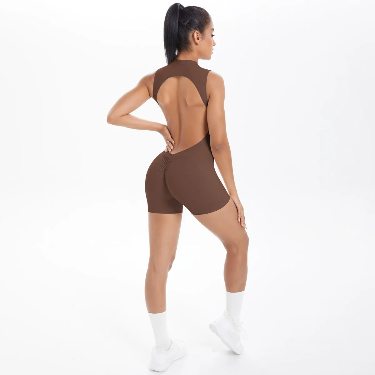 Women's High Neck Nylon Blend Workout Romper with Open Back and Short Legs