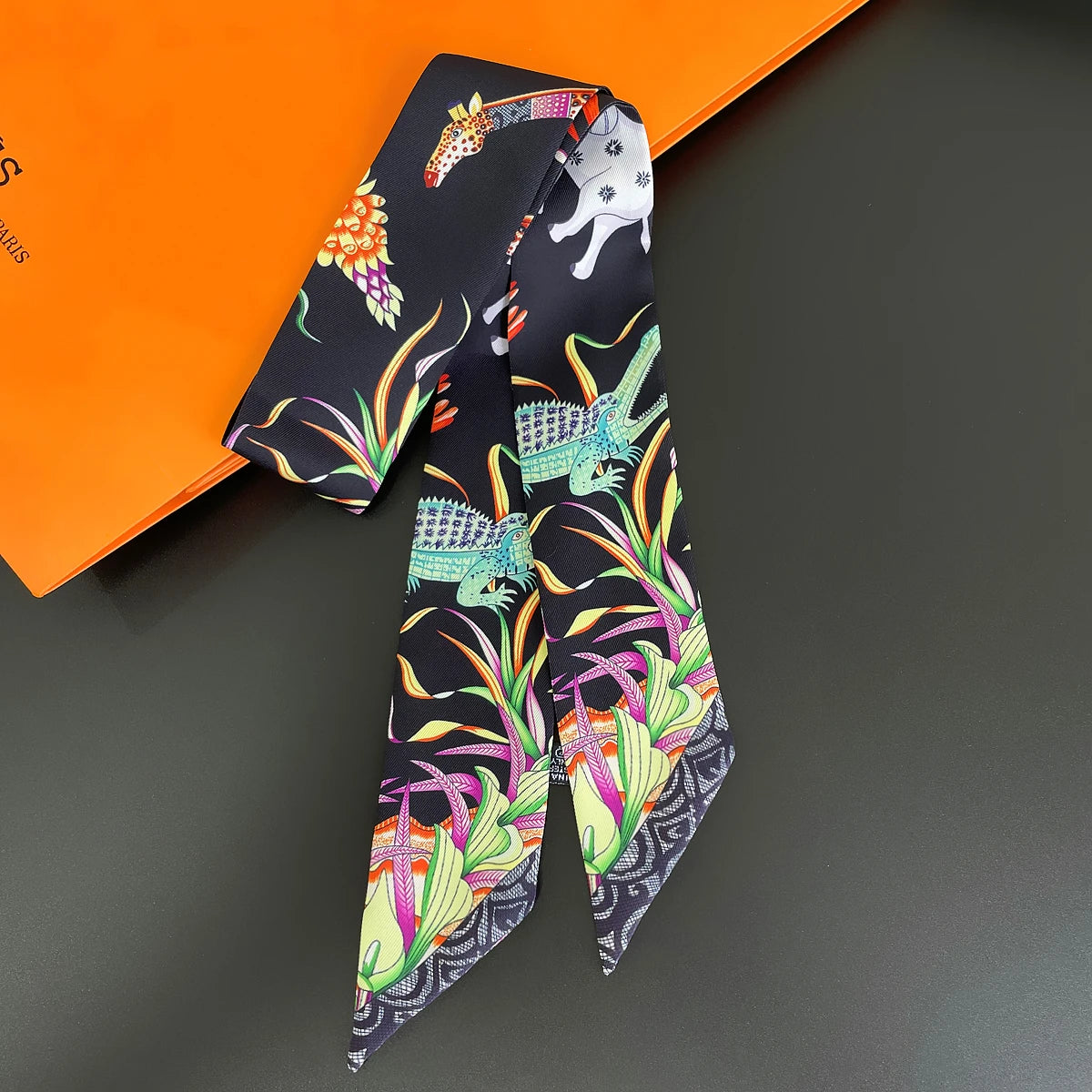 Colorful Printed Skinny Ribbon Scarf with Tie Ends