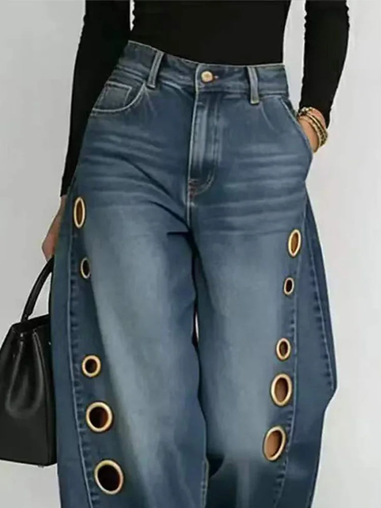 Women's Side Grommet Wide Leg Denim Jeans For Everyday Outfits