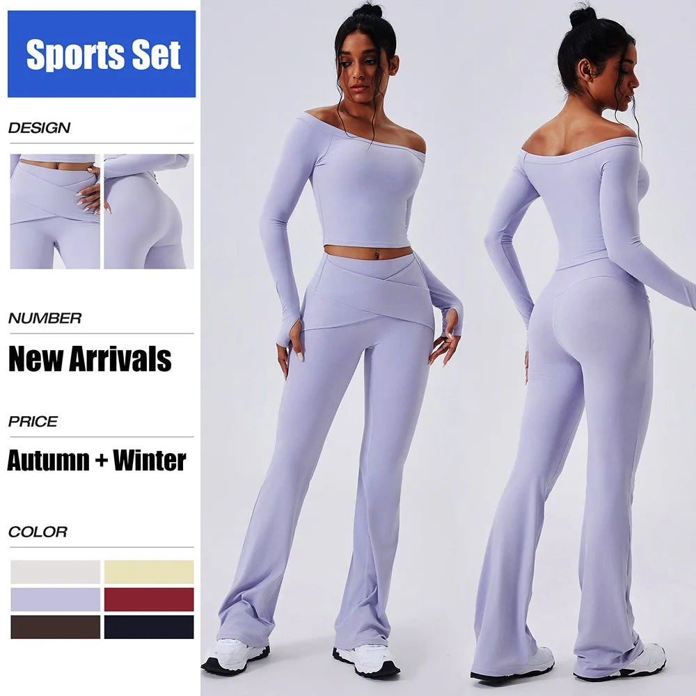 Women's Off-Shoulder Top and Flared Pants Workout Set