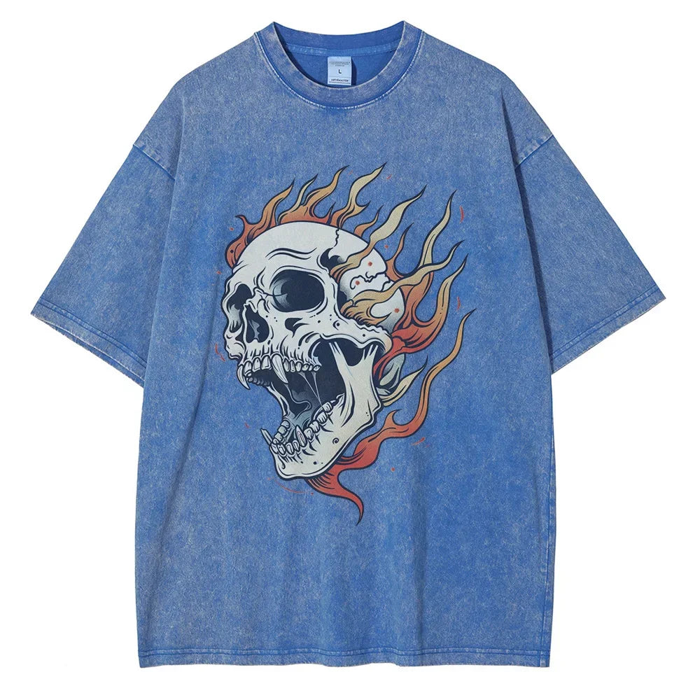 Men's Flame Skull Printed T-shirt Thick Cotton Washed T-shirt,Large Retro Top