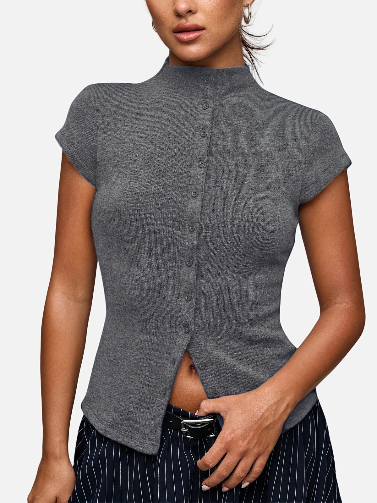 Women's Short Sleeve High Collar Button Front Cardigan
