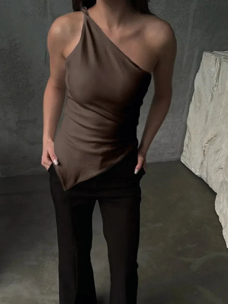Women's One Shoulder Polyester Blend Tank Top with Ruched Asymmetric Hem
