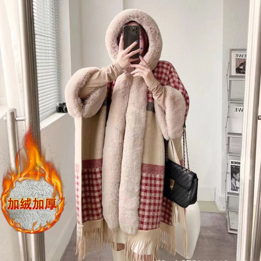 Plaid Hooded Fringed Poncho for Layering over Outfits