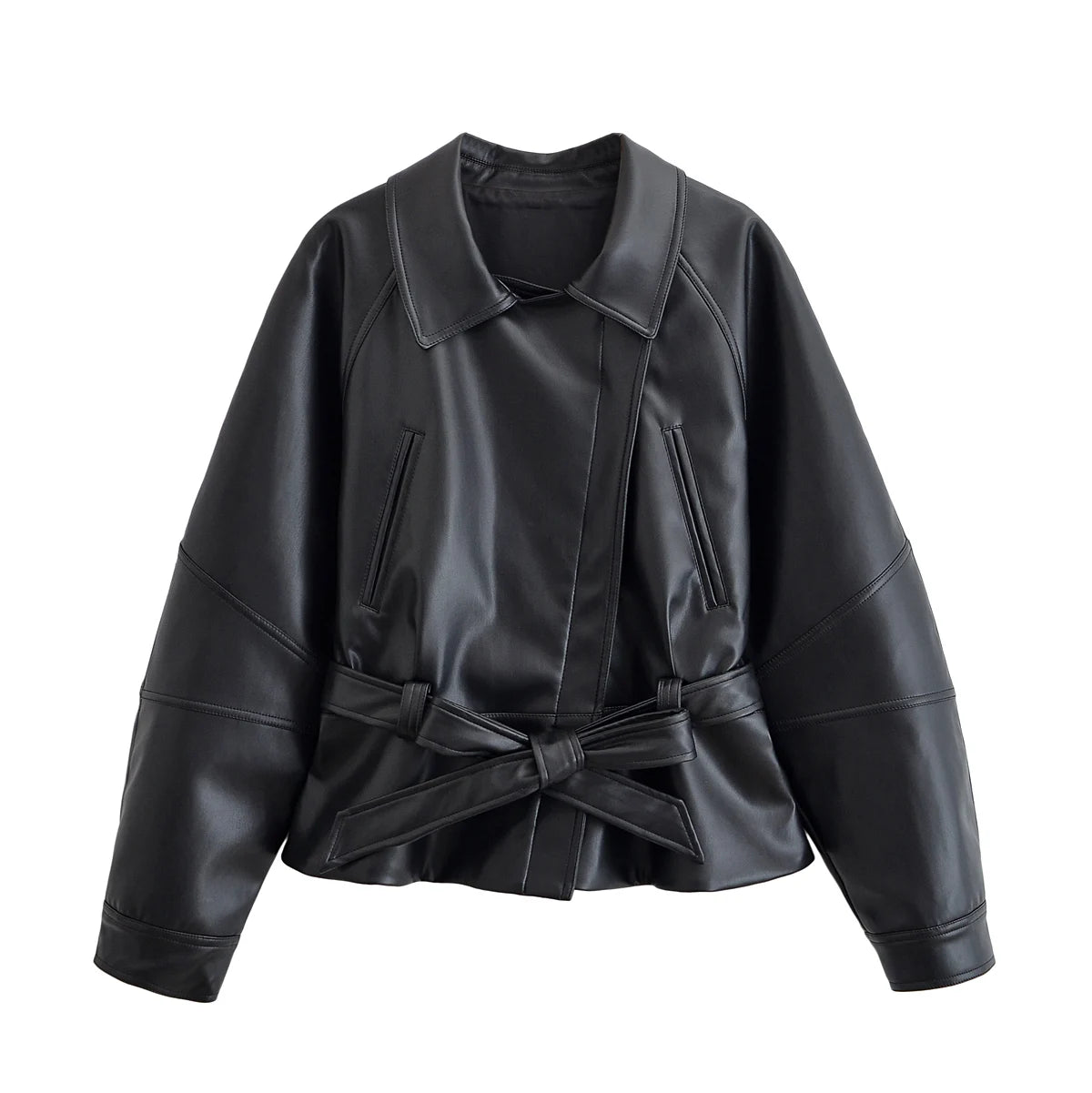 Women's Belted Faux Leather Lapel Jacket for Layered Outfits