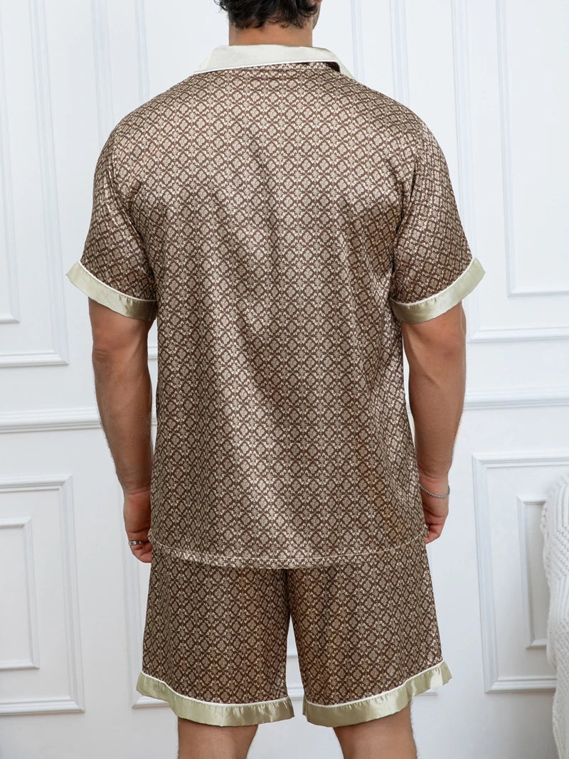Men's Satin Look Lapel Short Sleeve Shirt and Shorts Pajama Set
