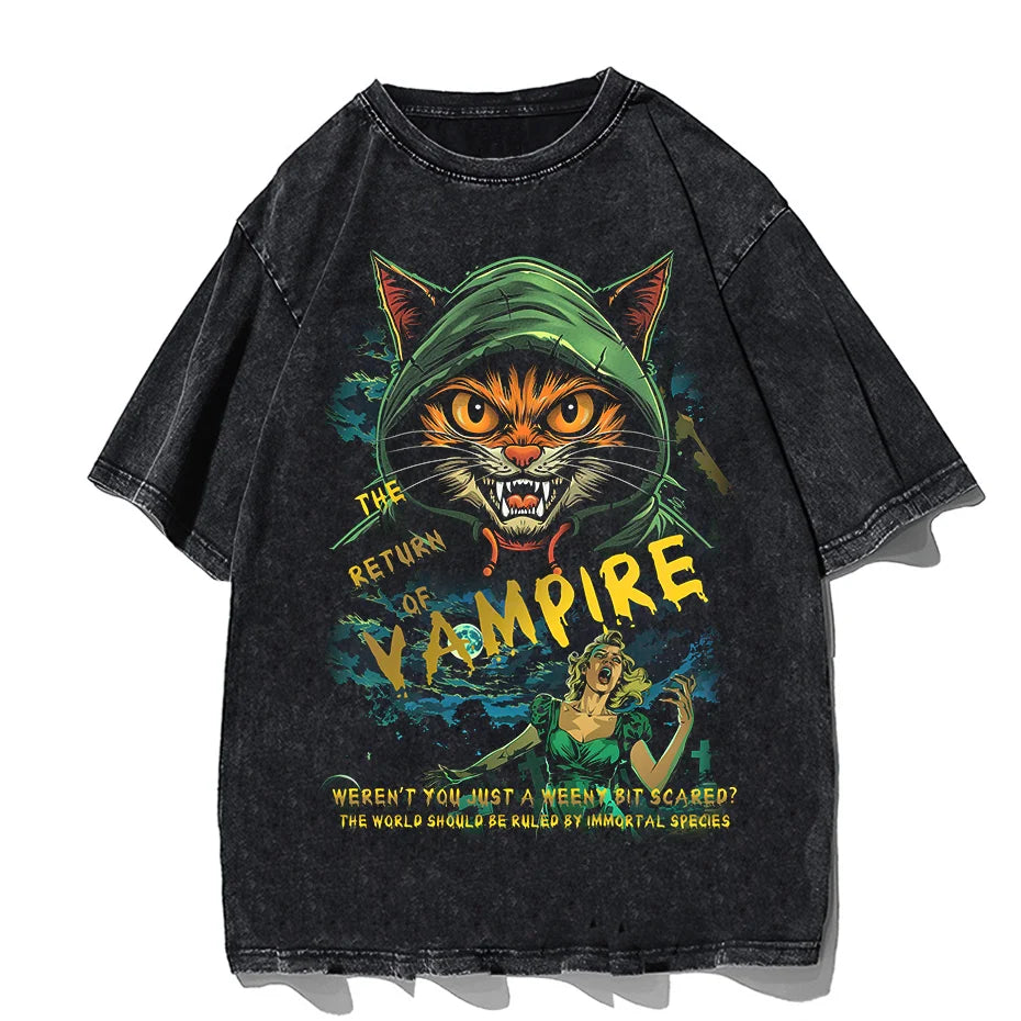 Japanese Cat Cartoon Graphic Baggy T-Shirt Men Streetwear