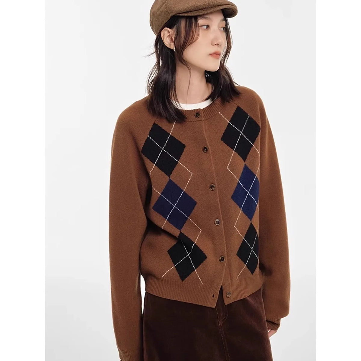 Autumn diamond-shaped cardigan women 100 pure cashmere sweater European high-end color-blocking knitted sweater coat