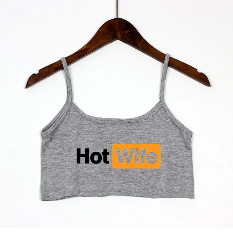 Women's Hot Wife Letter Print Cropped Camisole with Thin Shoulder Straps
