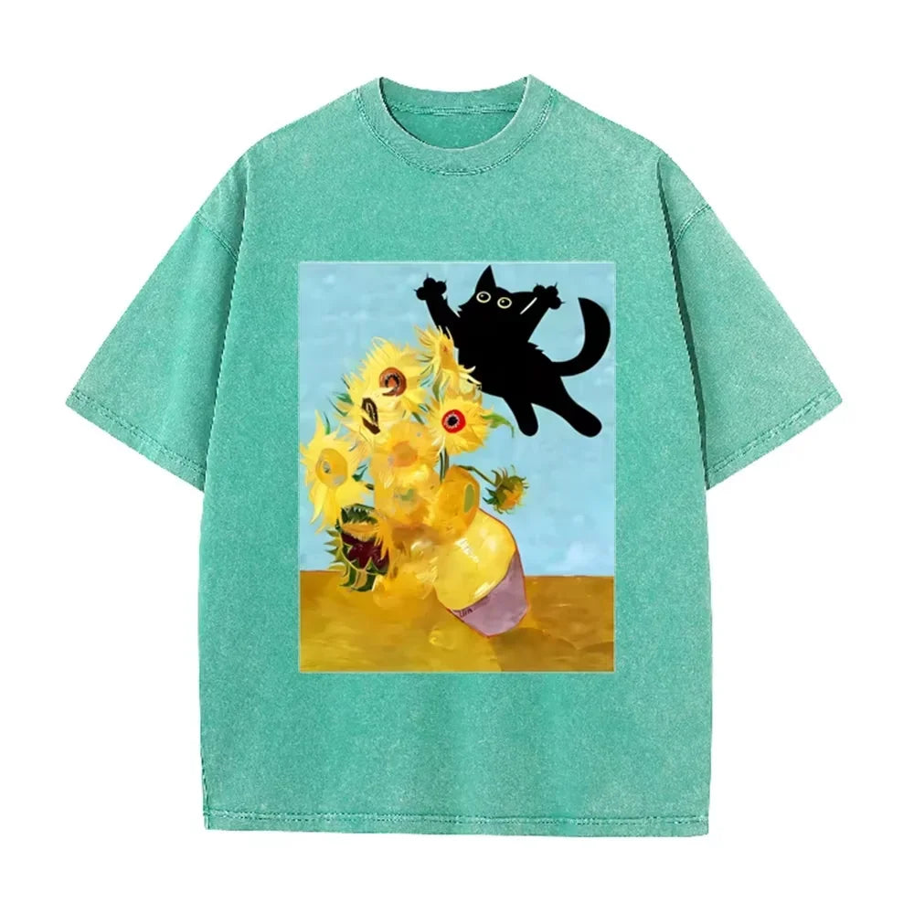 Van Gogh Sunflower Black Cat Parody Print Vintage Washed Purple Casual Art T Shirt