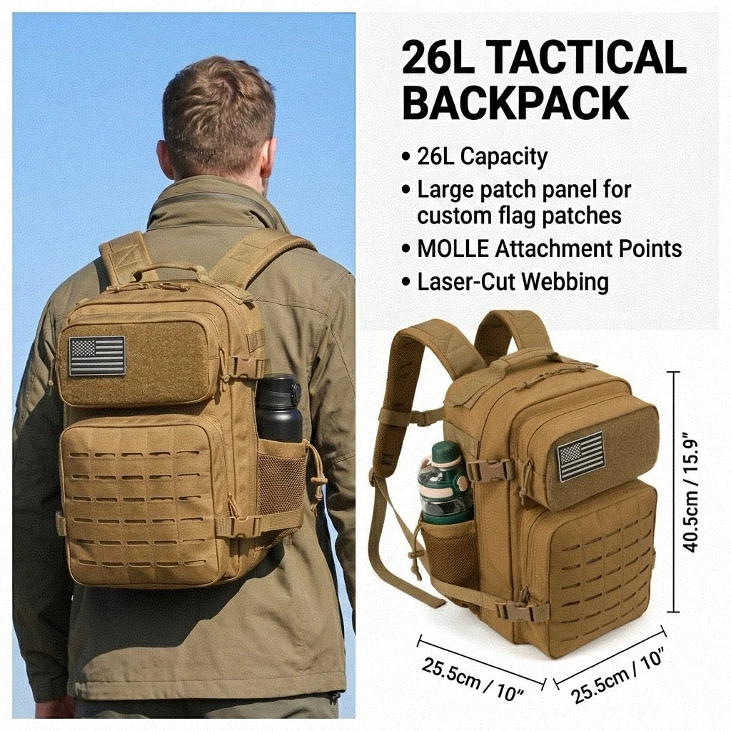 Tactical Travel Backpack with Front Webbing Panels and Side Bottle Pockets