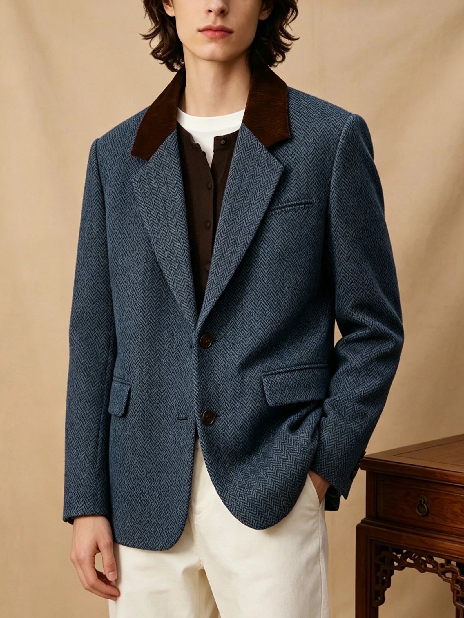 Men's Herringbone Two-Button Notch-Lapel Blazer with Contrast Collar
