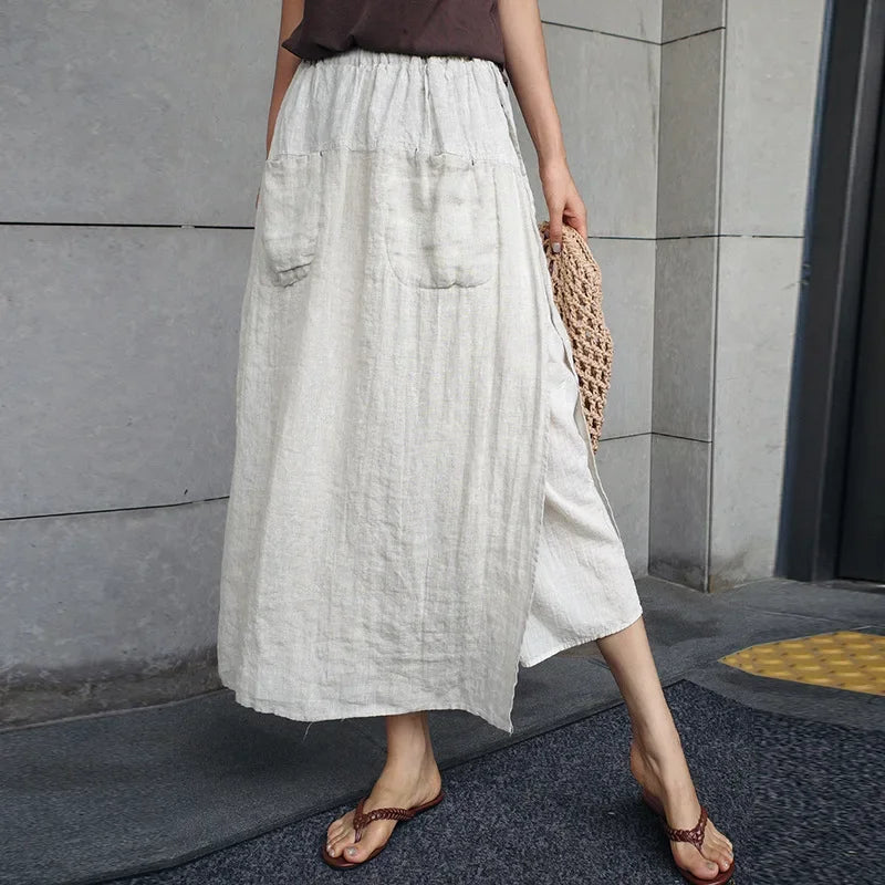 Women's Linen High-Waist Loose A-Line Midi Skirt with Patchwork Detail for Summer