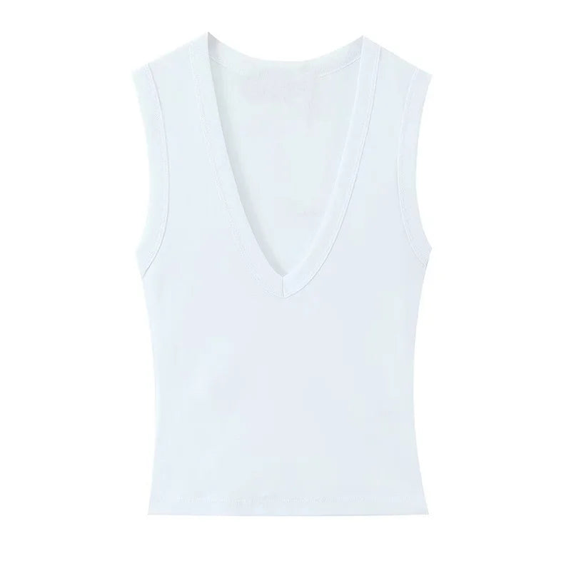 Women's Deep V Neck Polyester Tank Top with Sleeveless Fitted Cut