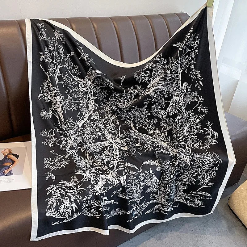 Printed Large Square Scarf with Decorative Border Designs