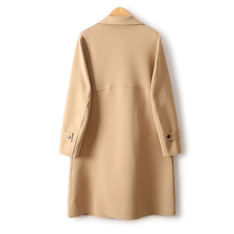Simple French Fashion Light Luxury Windbreaker Mid Length Autumn Turn Down Collar Single Breasted Air Cotton Jackets Women