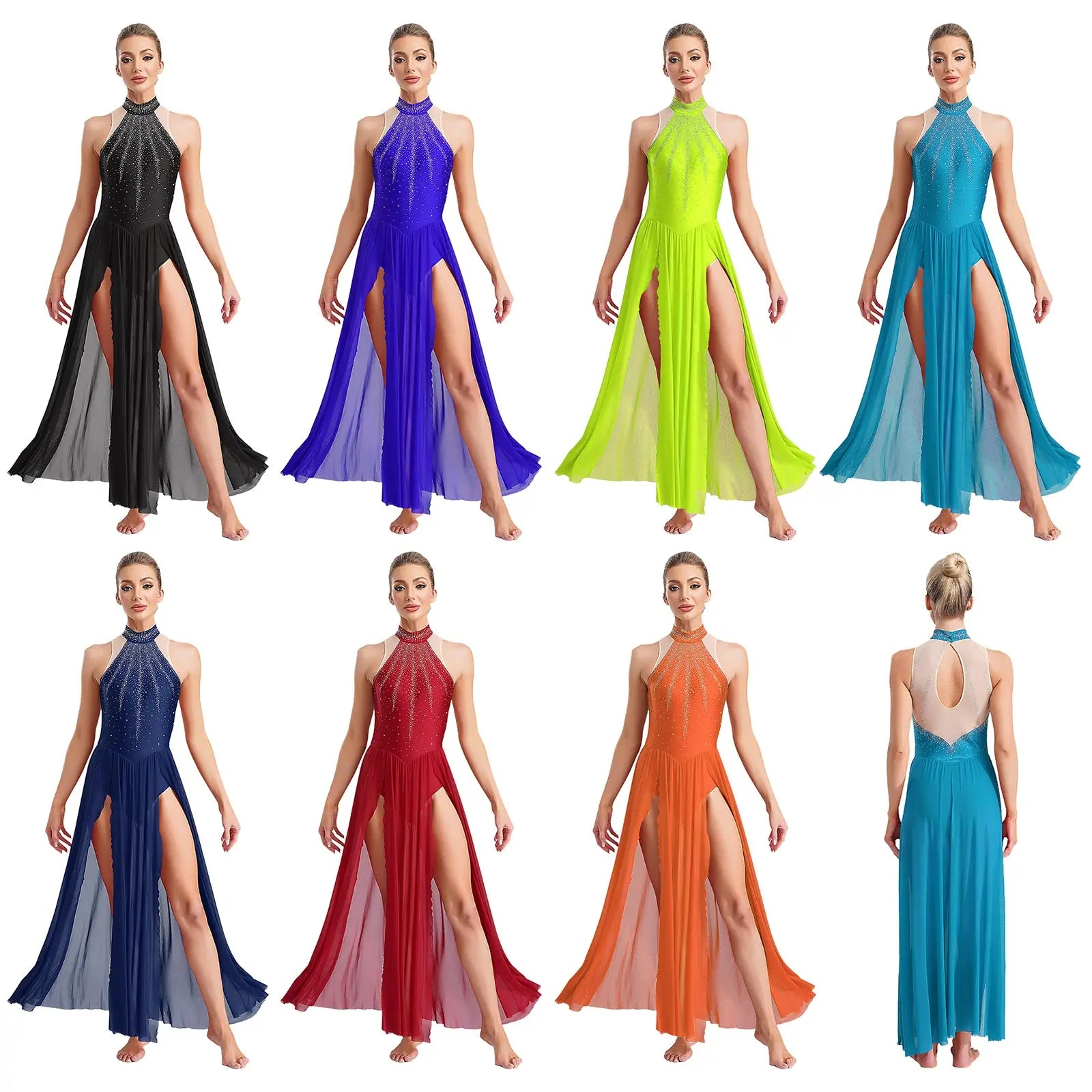 Women's Sleeveless Rhinestone Lyrical Dance Dress with Long Split Mesh Skirt