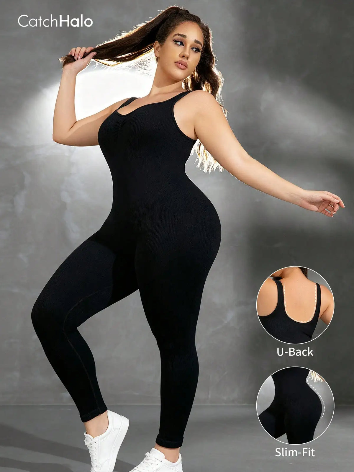 Women's Plus Size Nylon Blend Sleeveless Workout Jumpsuit with Open Back