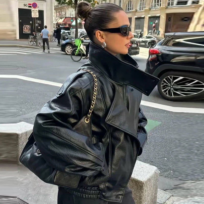 Women's Stand Collar Faux Leather Zip Front Jacket for Layered Outfits