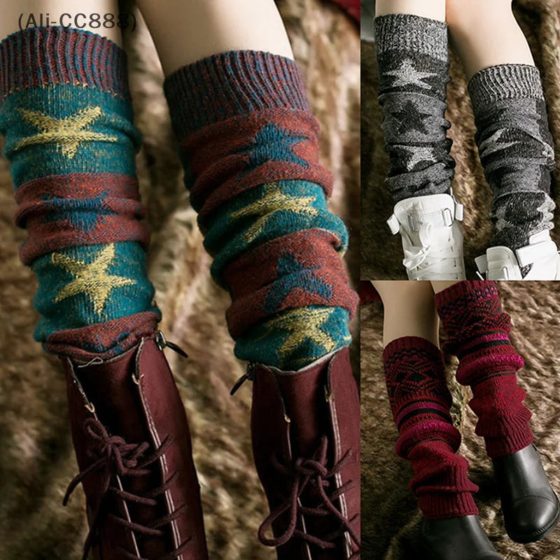 Patterned Knit Leg Warmers with Foldable Ribbed Cuffs