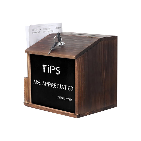 Rustic Brown Suggestion Box with Lock Wooden Ballot Comment Box Wall Mounted or Freestanding for Restaurant Cafe