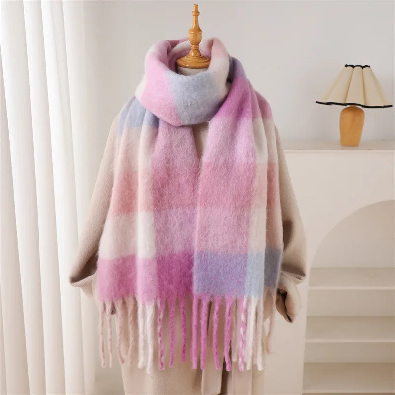 Multicolor Plaid Scarf with Long Shape and Fringed Ends