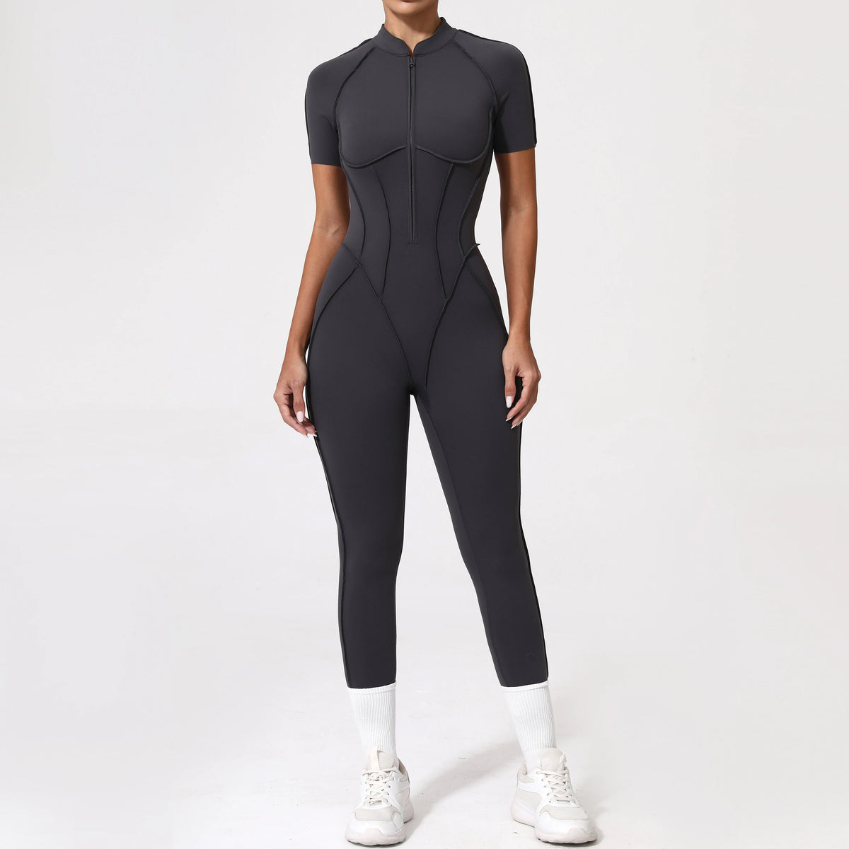 Women's Cap Sleeve Zip Front Back Cutout Workout Jumpsuit