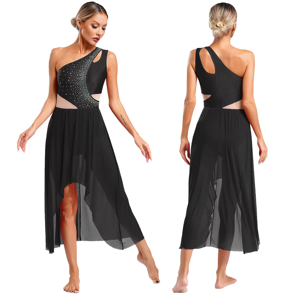 Women's Asymmetric Rhinestone Dance Dress with Split Mesh Skirt Styles