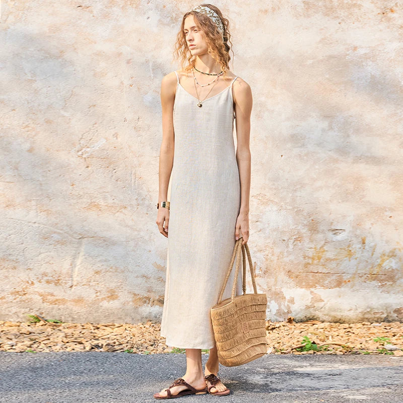 Women's Linen Sleeveless V-Neck Straight Ankle-Length Dress with Backless Detail for Summer