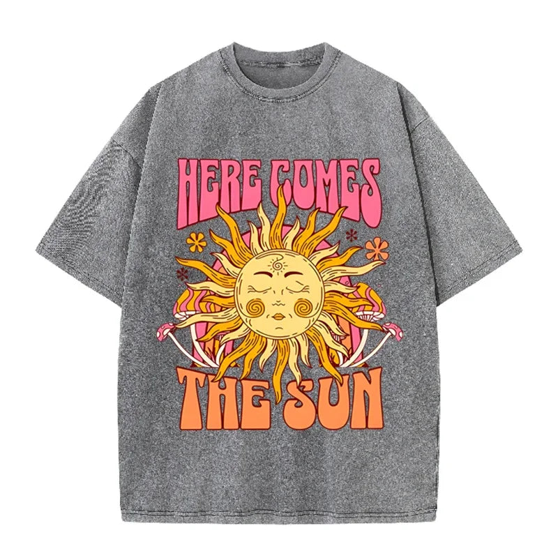 Vintage Black Here Comes The Sun T Shirt Retro Psychedelic Sun Acid Wash Tee