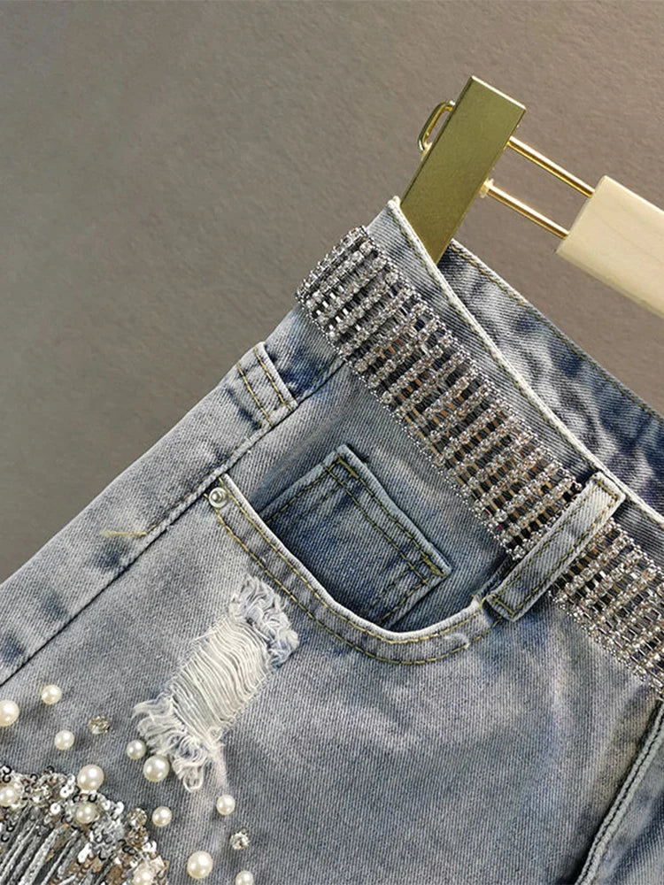 Women's Beaded Fringe Denim Casual Denim Shorts For Everyday Outfits