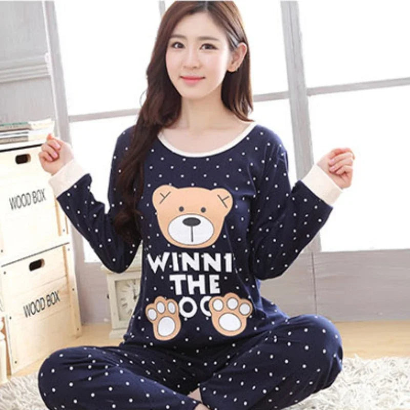 Women's Cartoon Print Long Sleeve Pajama Set with Top and Pants