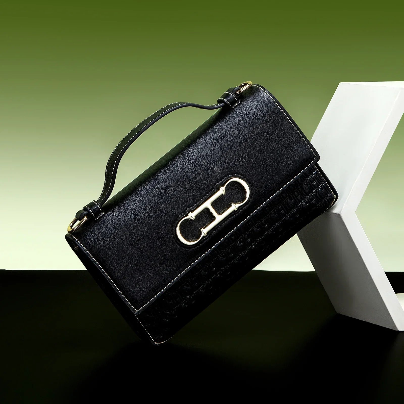 Women's Structured Flap Handbag with Metallic Clasp and Shoulder Strap