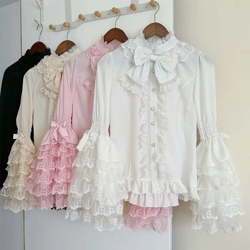 Women's Bow Neck Blouse with Layered Lace Sleeves