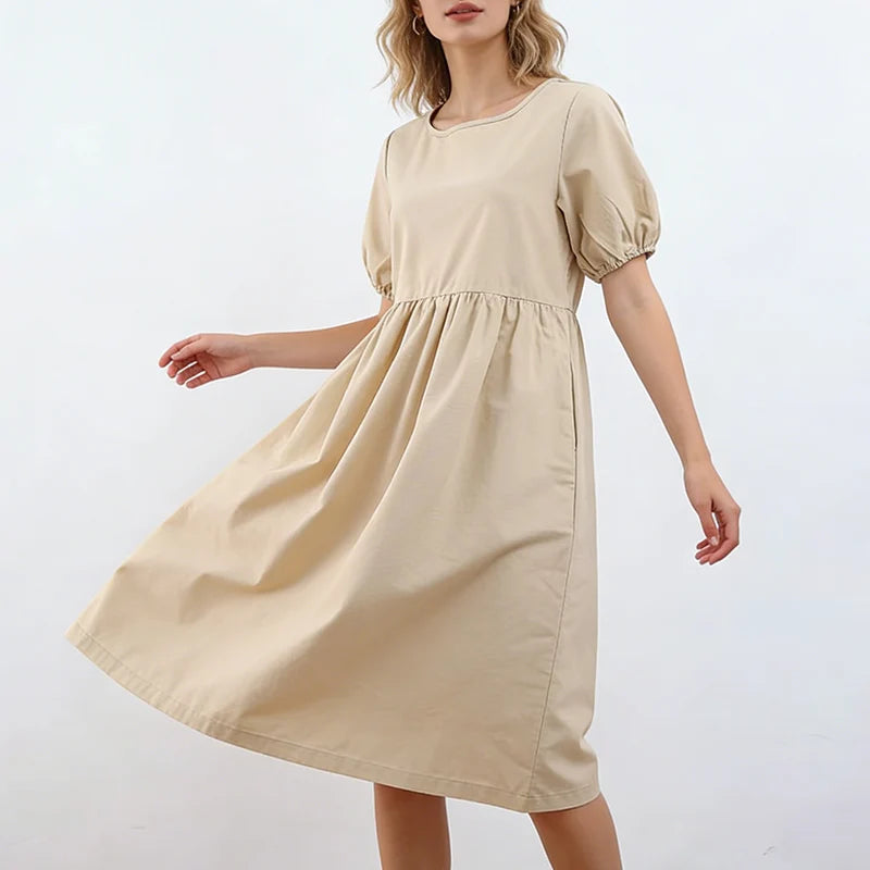 Women's Cotton-Blend Round-Neck Loose Midi Dress with Short Puff Sleeves for Summer