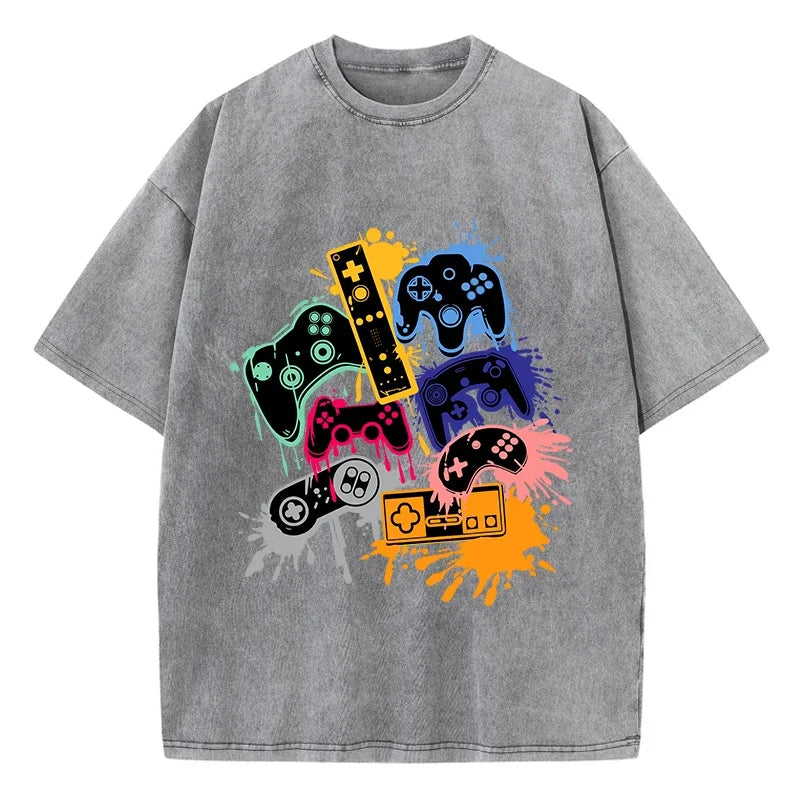 Game Console Graffiti Printing Washed T-Shirt Cotton T Shirts O-Neck Comfortable Distressed Tops Summer Mans Clothes
