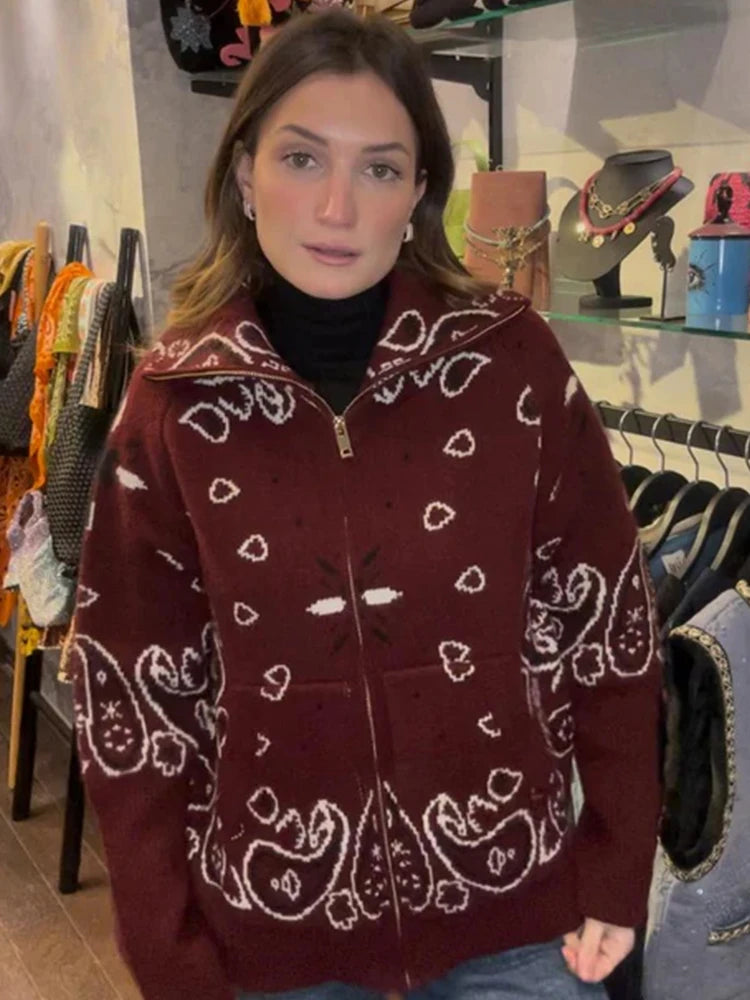 Women's Paisley Stand Collar Zip Front Cardigan Casual Knit Layer