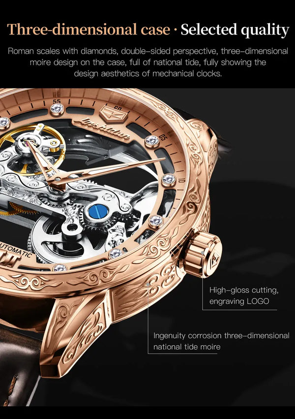 Men Mechanical Watch Automatic Movement 50M Waterproof Leather Strap Sapphire Mirror Skeleton Design Watch For Men