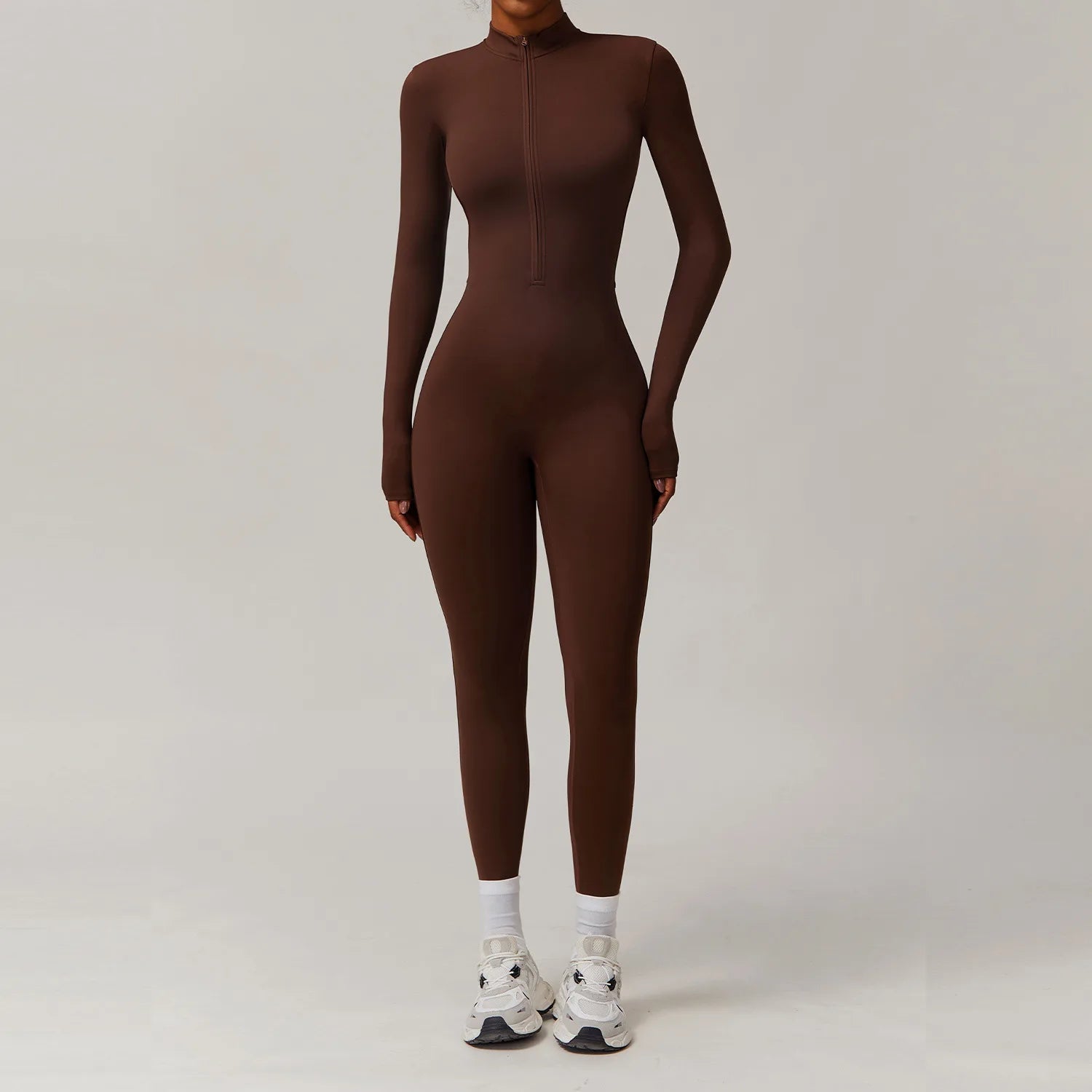 Women's Long Sleeve Nylon Blend Workout Jumpsuit with Front Zipper and Collar