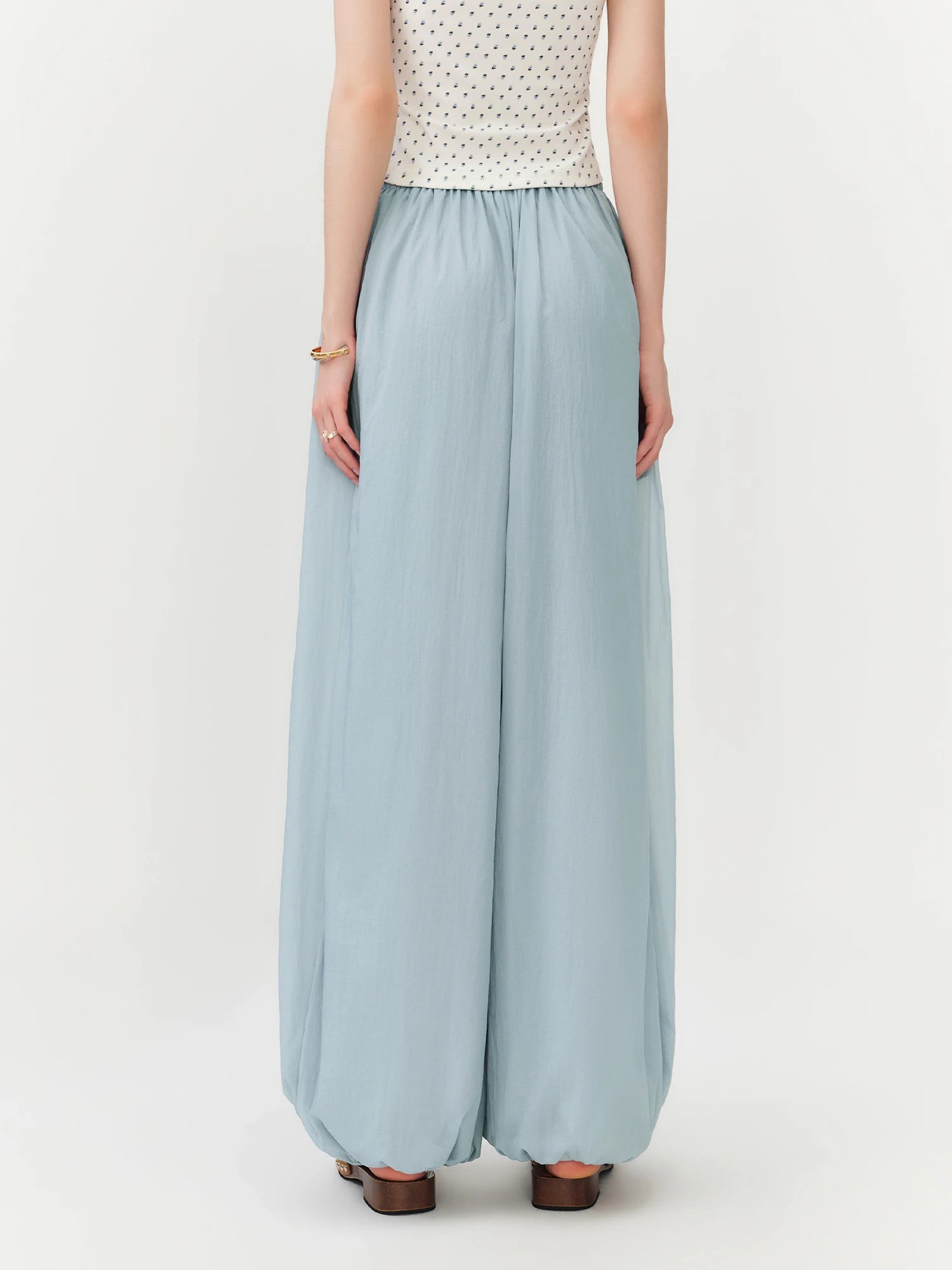 Women's Blue Balloon Pants with Elastic Waist and Tapered Legs