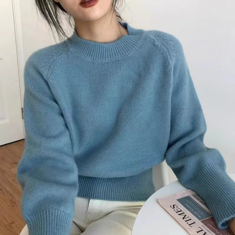 Pure wool retro sweater crewneck pullover short knitwear women's top trend