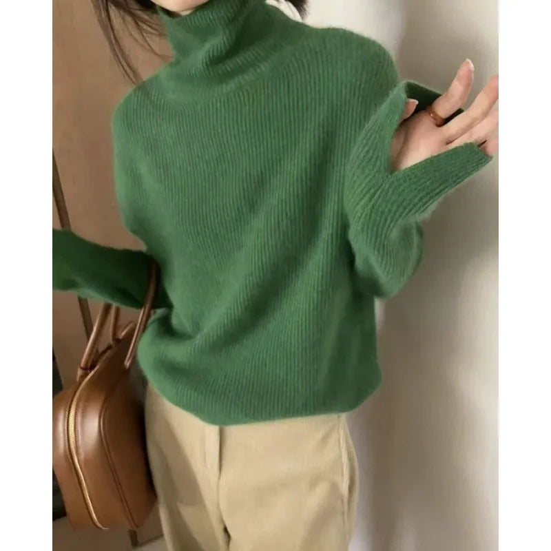 Foreign style autumn and winter turtleneck 100% pure cashmere sweater women lazy loose thick jumper knitted wool base shirt