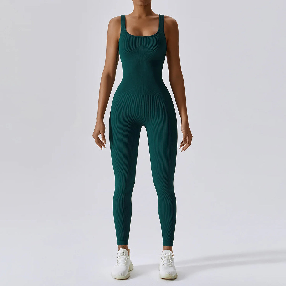 Women's Ribbed Nylon Blend Sleeveless Workout Jumpsuit with Scoop Neck